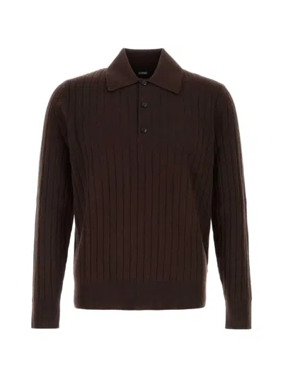 Amiri Ribbed-knit Long-sleeve Polo Shirt In 브라운