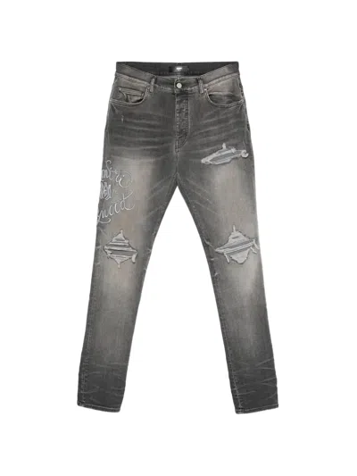 Amiri Ripped Embroidery Jeans In Gray