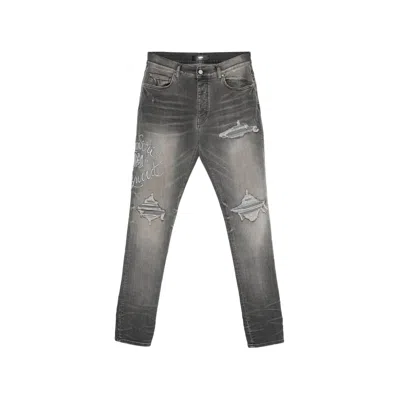Amiri Ripped Embroidery Jeans In Gray
