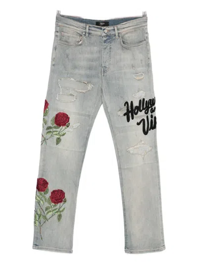Amiri Rose-embroidered Distressed Jeans In Blue