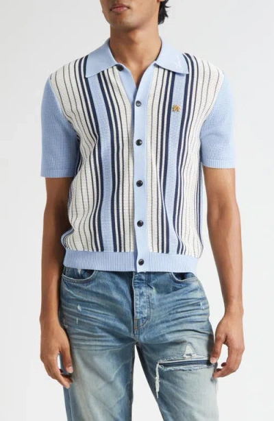 Amiri Script Logo Embroidered Stripe Short Sleeve Cardigan In Blue