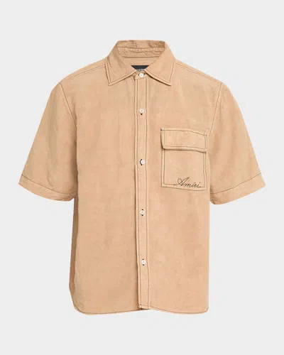 Amiri Script Logo Linen-blend Shirt In Neutral