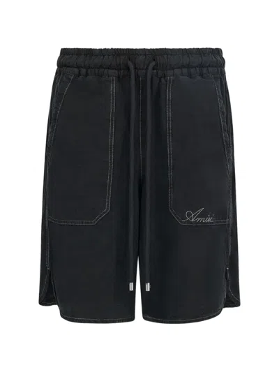 Amiri Linen Blend Bermuda Shorts Back Pocket In Black