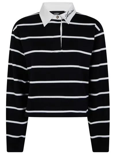 Amiri " Script" Stripe Crop Long Sleeves Polo Shirt In Black