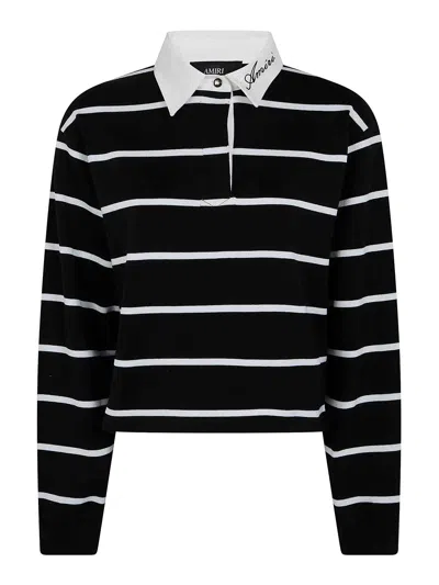 Amiri Script Stripe Crop Long Sleeves Polo Shirt In Black