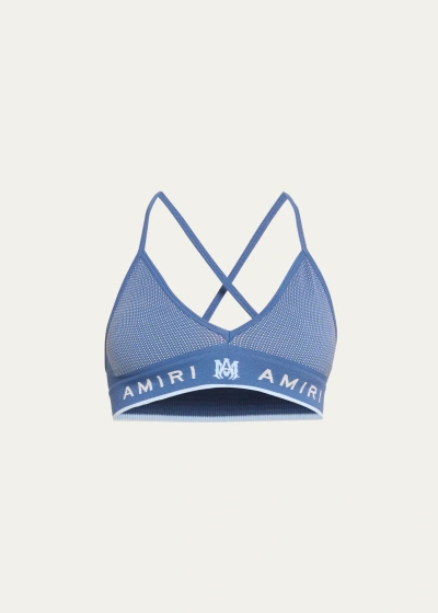 Amiri Seamless Logo-band Crisscross Sports Bra In Dark Blue