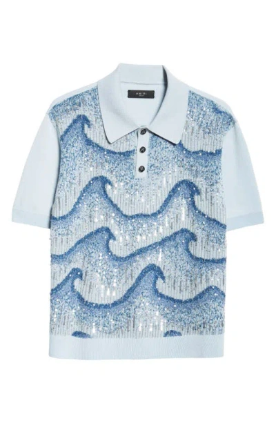 Amiri Men's Wavy Embellished Wool Short-sleeve Polo Shirt In Ashley Blue