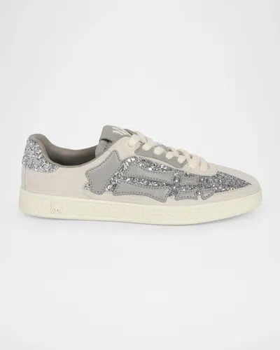 Amiri Sequined Skull-appliqué Leather Sneakers In Gray