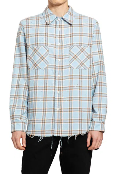Amiri Mens Sea Blue Shotgun Distressed Regular-fit Cotton Flannel Shirt In Sky Blue