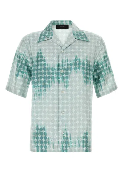 Amiri Geometric Pattern Short Sleeve Satin Top In Blue