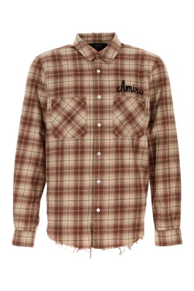 AMIRI 'SHOTGUN' BEIGE SHIRT WITH LOGO PRINT ON FRONT AND REAR AND ALL-OVER CHECK MOTIF IN COTTON MAN