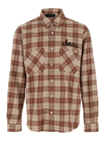 AMIRI 'SHOTGUN' BEIGE SHIRT WITH LOGO PRINT ON FRONT AND REAR AND  ALL-OVER CHECK MOTIF IN COTTON MAN