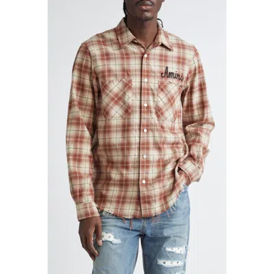 Amiri Shotgun Distressed Plaid Flannel Button-up Shirt In Neutral