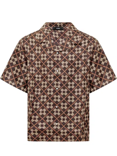 Amiri Silk Quad Print Camp Shirt In Brown