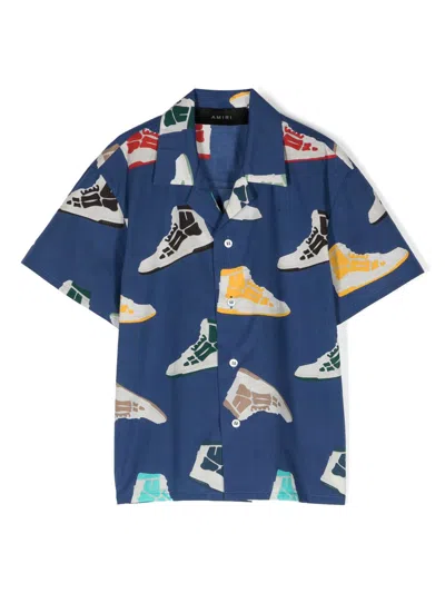 Amiri Kids' Skel-print Bowling Shirt In Blue