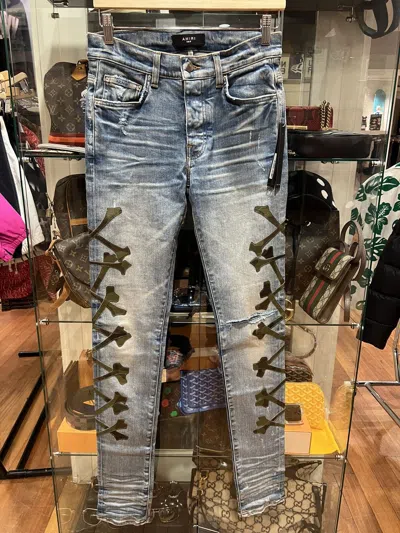 Pre-owned Amiri Skeleton Bone Camo Patch Denim Jeans Blue In Blue Camo