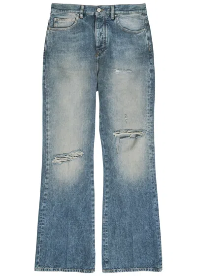 Amiri Slashed Distressed Bootcut Jeans In Blue