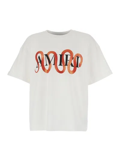 Amiri 'snake' White Crewneck T-shirt With Maxi Logo Print On The Front