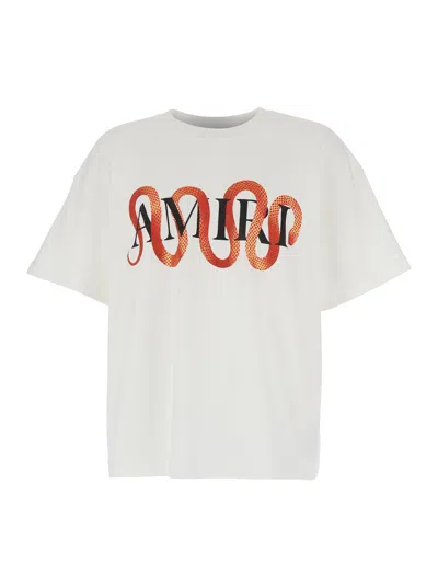 AMIRI SNAKE WHITE CREWNECK T-SHIRT WITH MAXI LOGO PRINT ON THE FRONT IN COTTON MAN