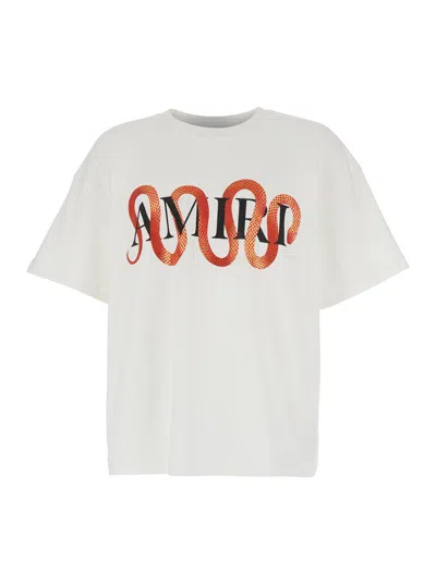 AMIRI AMIRI MEN 'SNAKE' WHITE CREWNECK T-SHIRT WITH MAXI LOGO PRINT ON THE FRONT IN COTTON MAN