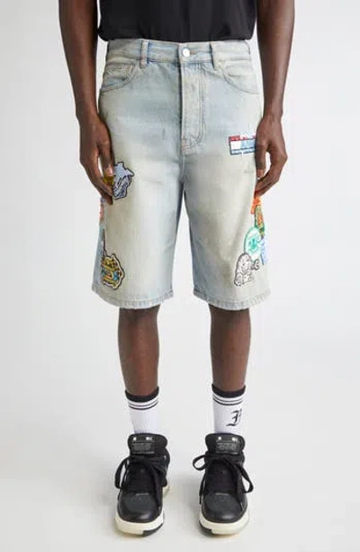 Amiri Station Patch Denim Shorts In Purple