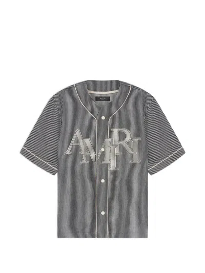 Amiri Striped Logo-applique Baseball Shirt In Gray