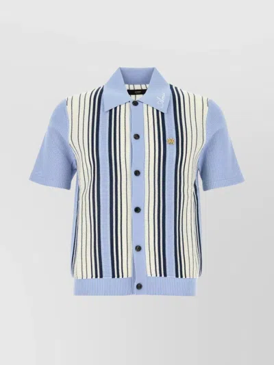 Amiri Striped Short Sleeve Knit Cardigan In Blue