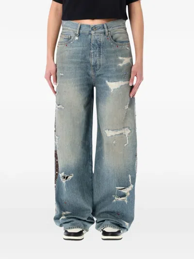 Amiri Bones Studded Denim Jeans Five Pocket In Blue