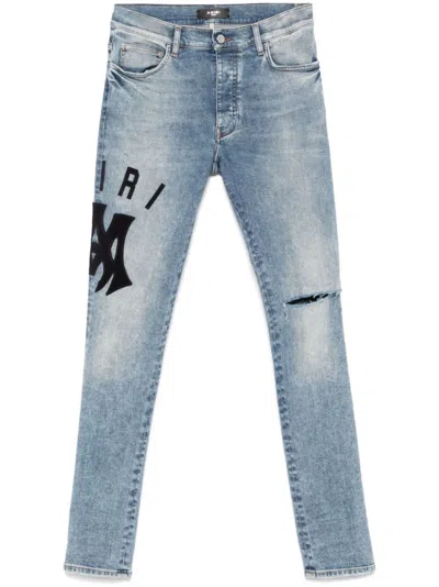 Amiri Suede Applique Logo Skinny Jean In Blue