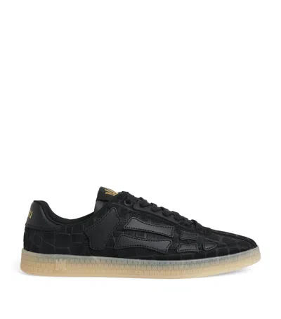 Amiri Pacific Bones Leather-trimmed Croc-effect Suede Sneakers In Black