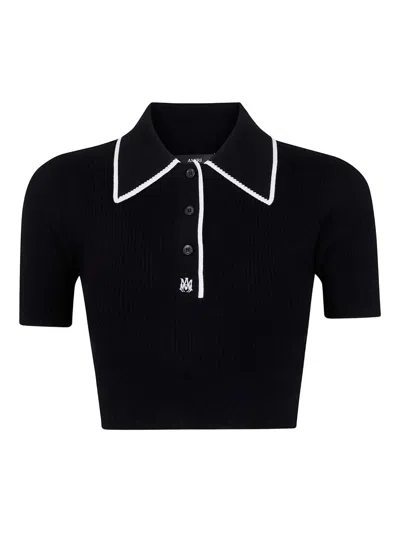 Amiri Cropped Polo Knit Top With Ribbed Texture In Black