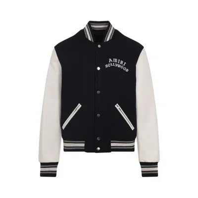 AMIRI TAILORED BLACK WOOL BLEND VARSITY JACKET WITH EMBROIDERED DETAILS