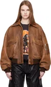 Amiri Tan Faded Leather Bomber Jacket In Brown