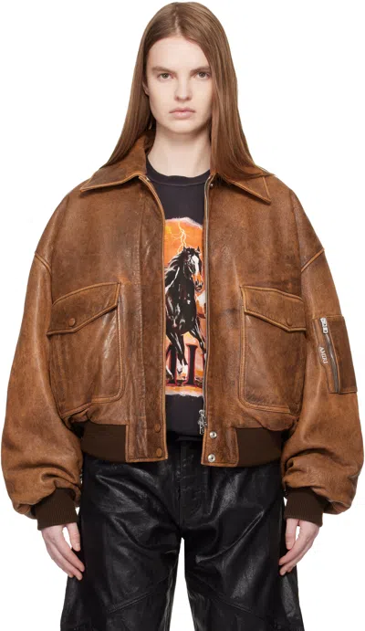 AMIRI TAN FADED LEATHER BOMBER JACKET