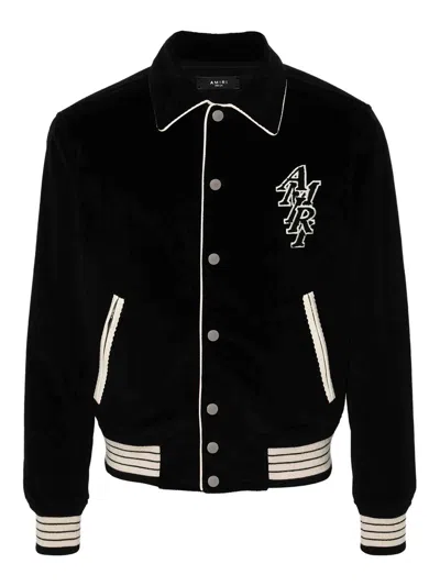 Amiri Logo-appliquéd Leather-trimmed Cotton-blend Corduroy Varsity Jacket In Black