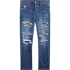 Amiri Thrasher Slim Fit Distressed Floral Velvet Patch Jeans In Blue