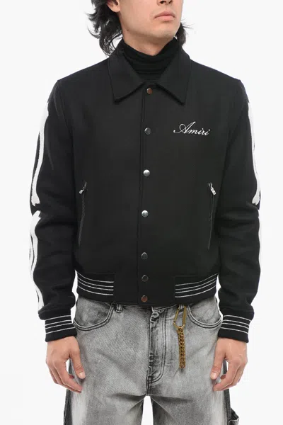 Amiri Twill Wool Bones Bomber Jacket With Patches In Black