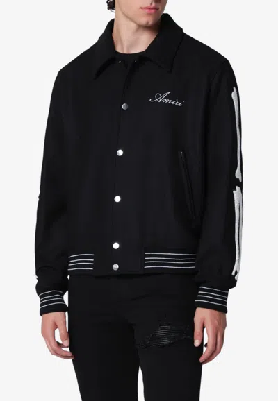 Amiri Varsity Bones Wool Bomber Jacket In Black