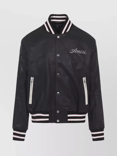 Amiri Varsity Leather Jacket With Ribbed Hem And Cuffs In Black