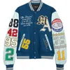 Amiri Varsity Patch Wool Blend & Leather Jacket In Blue