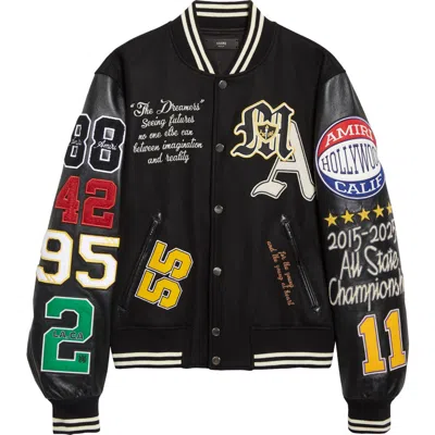 AMIRI AMIRI VARSITY PATCH WOOL BLEND & LEATHER JACKET