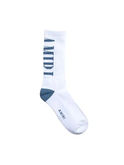 Amiri Vertical Logo Socks In White/dusty Blue