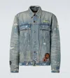 Amiri Vintage Pegasus Embellished Distressed Paint-splattered Denim Trucker Jacket In Blue