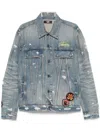 Amiri Vintage Pegasus Embellished Distressed Paint-splattered Denim Trucker Jacket In 蓝色