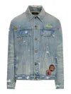 Amiri Vintage Pegasus Embellished Distressed Paint-splattered Denim Trucker Jacket In Azul