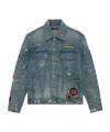 Amiri Vintage Pegasus Embellished Distressed Paint-splattered Denim Trucker Jacket In Blue