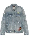 Amiri Vintage Pegasus Embellished Distressed Paint-splattered Denim Trucker Jacket