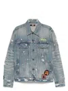 Amiri Vintage Pegasus Embellished Distressed Paint-splattered Denim Trucker Jacket