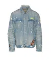 Amiri Vintage Pegasus Embellished Distressed Paint-splattered Denim Trucker Jacket In Blue