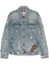 Amiri Vintage Pegasus Embellished Distressed Paint-splattered Denim Trucker Jacket In Blue